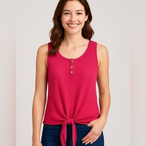 Paper Crane Medium Red Waffle Knit Sleeveless Tie-Front Henley Tank Top Buttons